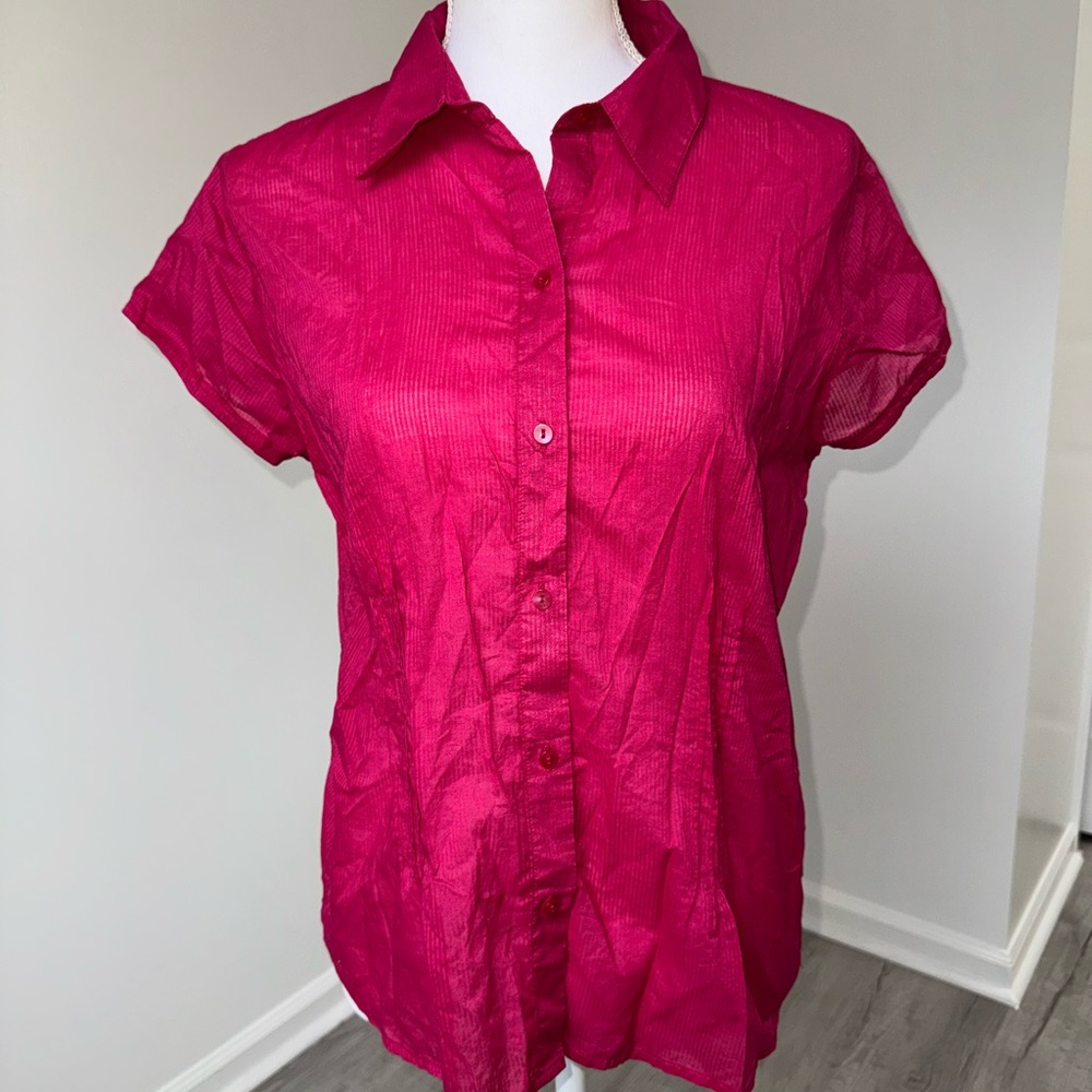 Eddie Bauer Women’s L Pink Short Sleeve Button Up Shirt 100% Cotton‎
